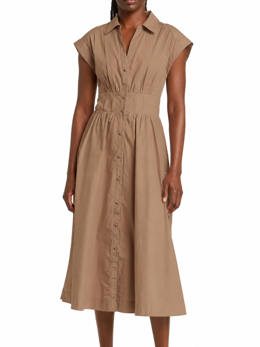 NWOT Du Paradis Short Sleeve Cotton Midi Shirtdress in Tan, size large